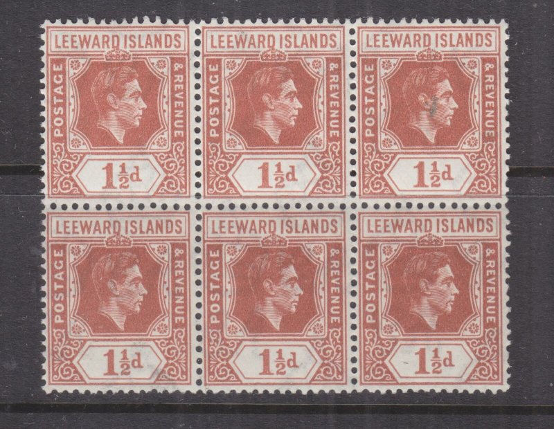 LEEWARD ISLANDS, 1938 KGVI  1 1/2d. Chestnut, block of 6, mnh