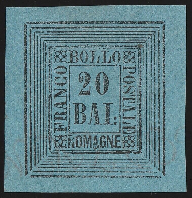 ITALY - Romagna 1859 type-set 20b black on blue, reprinted Die Proof.