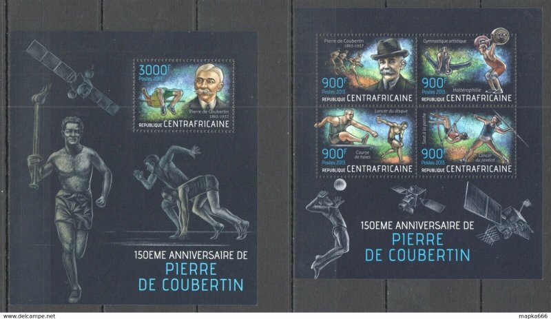 2013 Central Africa Sport 150Th Anniversary Pierre De Coubertin Kb+Bl ** Ca620