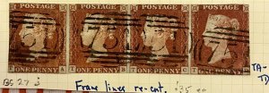 GB QV PENNY RED IMPERF PLATE 52 ‘TA-TD’ STRIP OF 04, FRAME LINES RE-CUT, RARE ! 