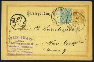 AUSTRIA 1893 UPRATED 2 KREUZER POSTAL CARD MARRBURG BAHNHOF TRAIN STATION TO NY