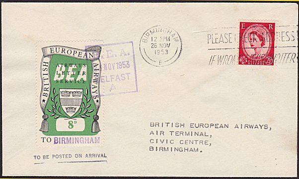 GB 1953 BEA 8d airmail stamp on flown cover Belfast to Birmingham...........5627