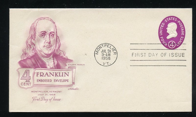 US U536 4 cent Envelope Franklin UA Artmaster cachet FDC 