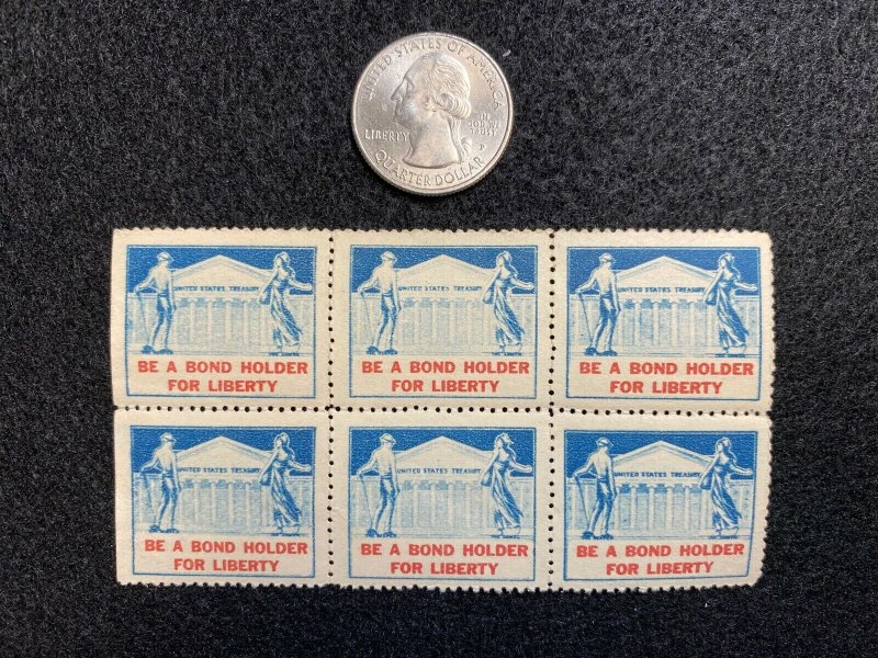 Block Of 6 Be A Bond Holder For Liberty Vintage Poster Stamps / World War II