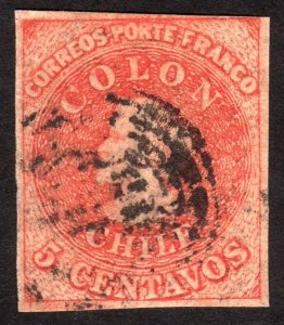 1858, Chile, 5c, Used, 4 margins, Sc 9b, Cv $100