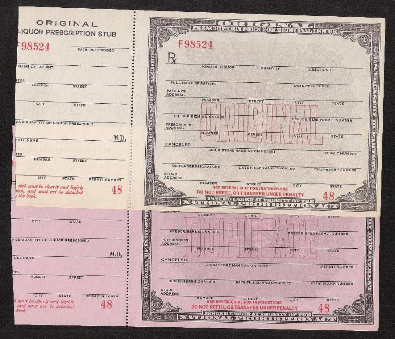 National Prohibition Act Prescription form for Liquor