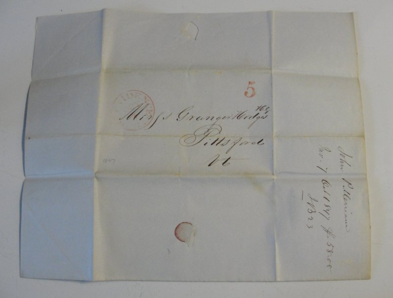 Old 1847 Hand Stamped “5” Letter – Providence, RI.