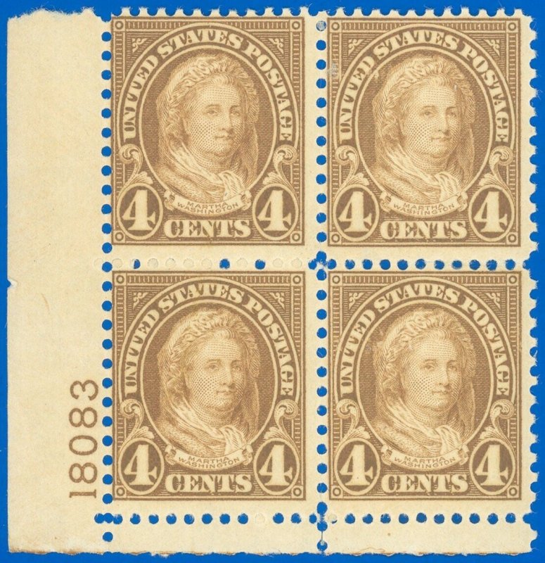 Scott #636 Plate Block/4, Mint-LH w GUM SKIPS, Martha Wash'ton, SCV $65.00+ (SK) 