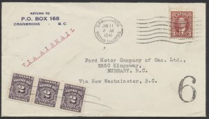 1941 Postage Due Cover Cranbrook BC to Burnaby Endorsed via AIRMAIL #J16 2c Strp