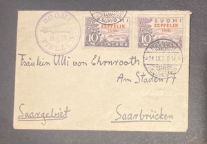 FINLAND 1930, Zeppelin Flight cover w/2 10mk Zeppelin stamps to SAAR, scarce, VF