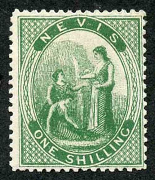 Nevis SG12 1/- Blue Green white paper Perf 15 Fresh M/Mint