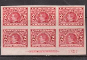 USA #371 Extra Fine Mint Plate Block Of Six - Four Never Hinged & Two Hinged