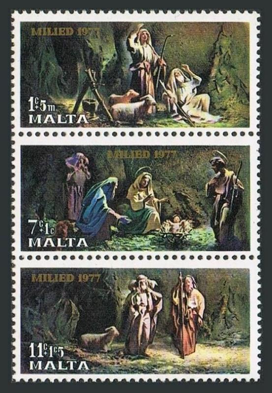 Malta B27-B29a strip,MNH.Michel 559-561. Christmas 1977.Greche Figurine.