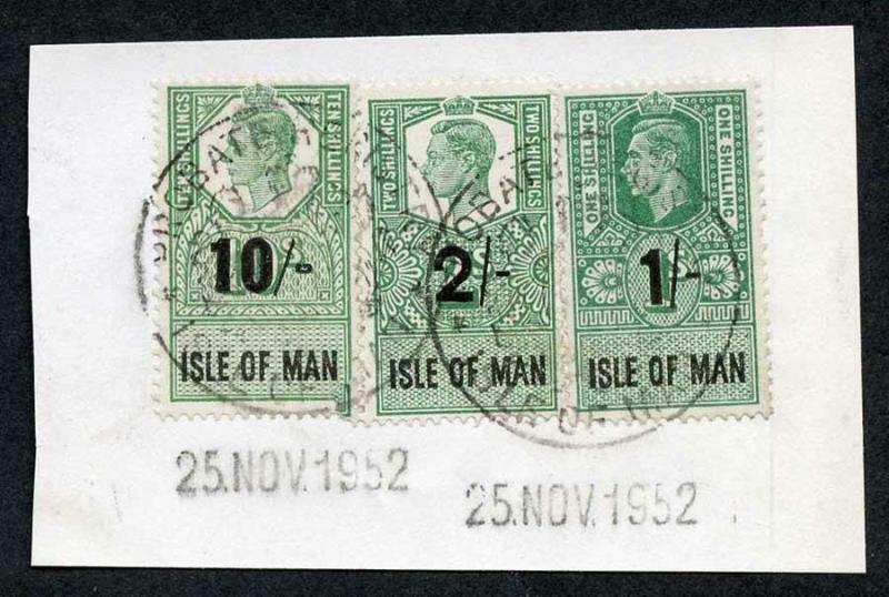 Isle of Man KGVI 10/- 2/- and 1/- Key Plate Type Revenues CDS on Piece