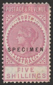 SOUTH AUSTRALIA 1886 QV Postage & Revenue 5/- rose-pink SPECIMEN, perf 10. Rare.