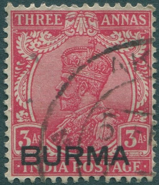 Burma 1937 SG7 3a red KGV with BURMA ovpt FU