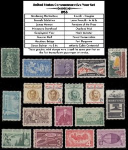 1958 Complete Mint Year Set of Vintage Commemorative Postage Stamps