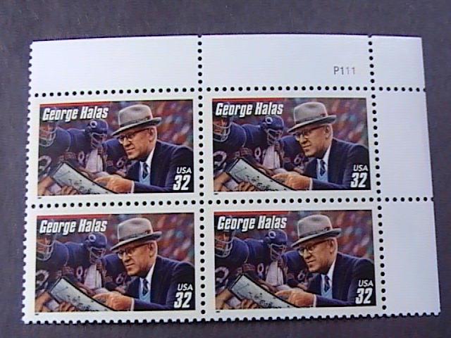 U.S.# 3150-MINT/NH-- UR PLATE # BLOCK OF 4--FOOTBALL COACHES/GEORGE HALAS--1997