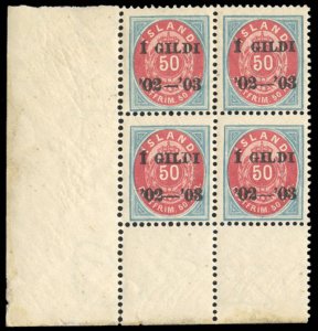 Iceland #59 Cat$32+, 1902-3 50a blue and carmine, corner margin block of four...