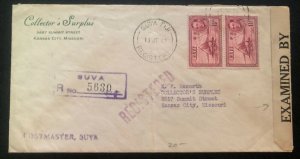 1942 Suva Fiji Registered Censored Cover To Kansas City MO USA