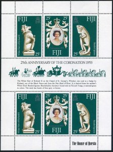 Fiji 384 sheet, MNH. Mi 372-374 klb. QE II coronation,25th Ann. 1978.Hart.Iguana