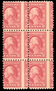 United States, 1910-30 #425, 1914 2c rose red, block of six with dramatic per...