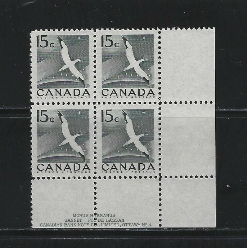 CANADA - #343 - 15c GANNET LR PLATE #4 MINT BLOCK (1954) 