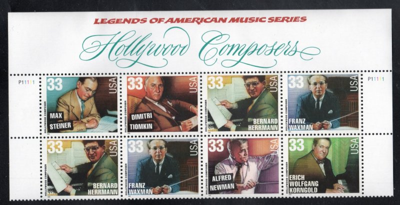 SC# 3339-3344 - (33c) - Hollywood Composers, MNH Plate Block of 8 with Label