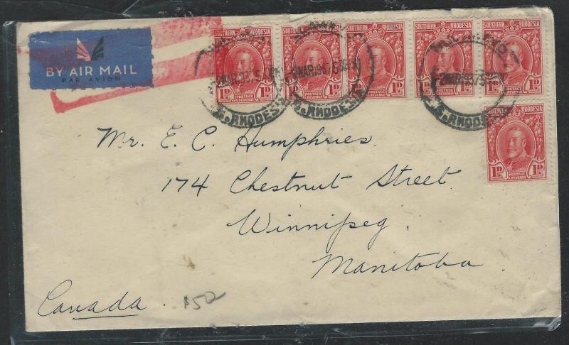 SOUTHERN RHODESIA (P2805B) KGV 1DX6 A/M  RED BARS,  TO CANADA