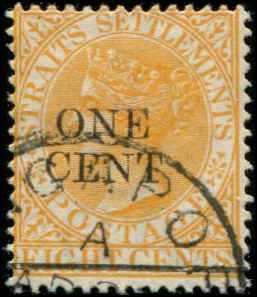 Straits Settlements SC# 80 Victoria 1c on 8c Used