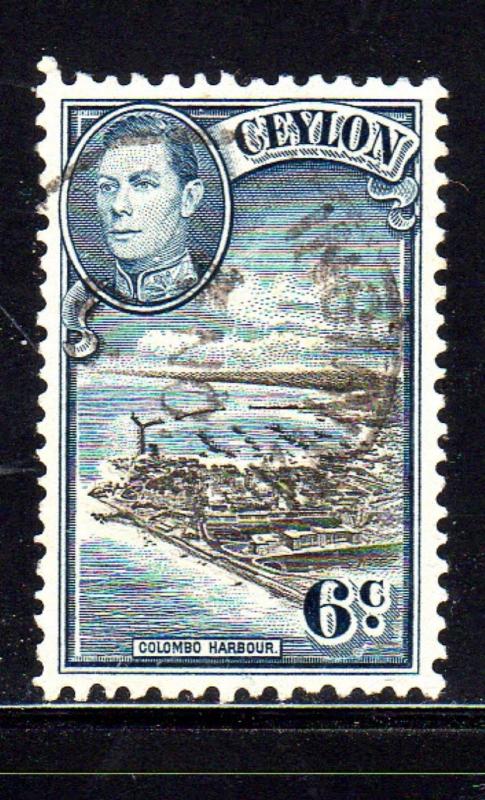 CEYLON #280  1938  6p  KING GEORGE VI & COLOMBO HARBOR        F-VF  USED  c