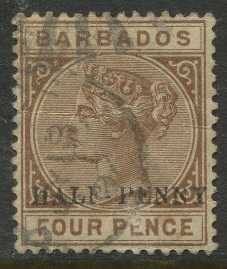 Barbados - Scott #69 -  QV - Overprint -1892 - Used - Single 1/2p on a 4p Stamp