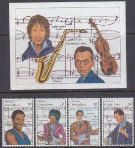 GRENADA GRENADINES Sc #1115-9 CPL MNH SET of 4 DIFF + S/S - 20th CENT MUSICIANS