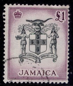 JAMAICA QEII SG174, £1 black & purple, USED. Cat £26.