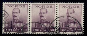 NORWAY #180  5kr Haakon, hi value, used Strip of 3 w/PROPER EARLY CANCEL