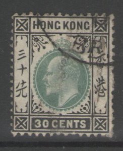 HONG KONG SG84a 1906 30c DULL GREEN & BLACK FINE USED