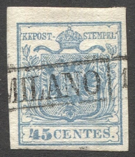 Lombardy-Venetia 1850  Sc 6h 45c Type I Used VF, MILANO Box cancel, cv $100