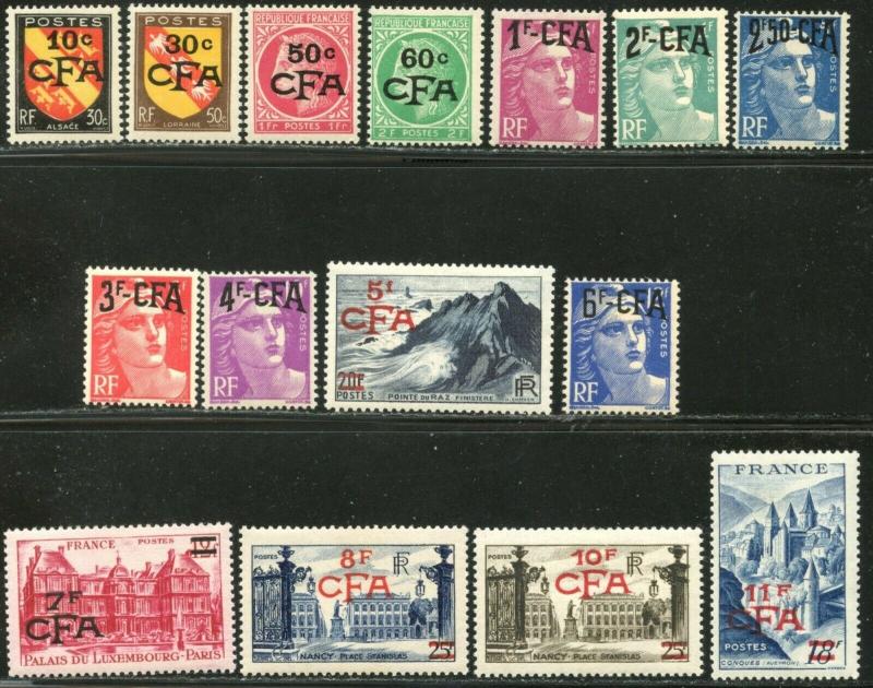 REUNION Sc#268-282 1949 Overprints on France Complete Set OG Mint NH