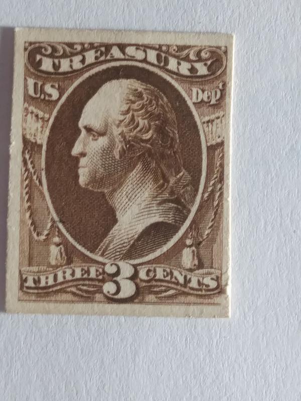 SCOTT # O74P CARD PROOF 3 CENT TREASURY NOTE GREAT COLOR AND GREAT CENTERING !!