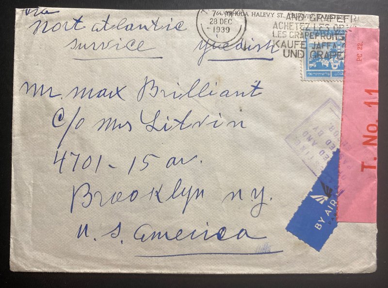 1939 Tel Aviv Palestine Airmail Censored Cover To Brooklyn NY USA