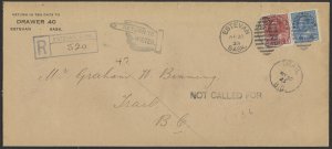 1925 Registered Cover Estevan SASK to Trail BC Returned RPOs