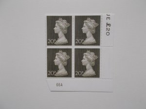 1970 20p Machin High Value in Plate Block of 4 (Plate 66A) on Contractor's Paper