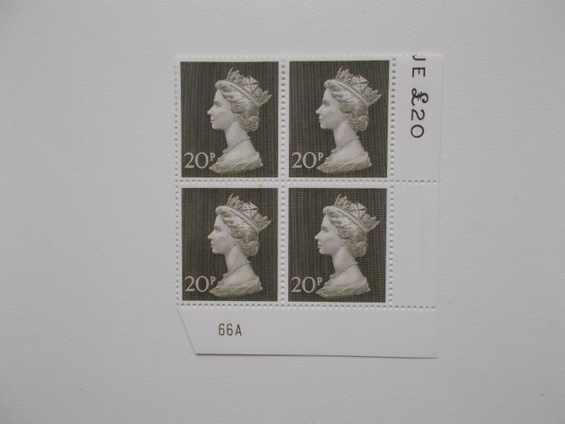 1970 20p Machin High Value in Plate Block of 4 (Plate 66A) on Contractor's Paper