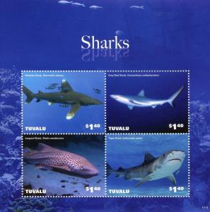 Tuvalu Sharks Stamps 2014 MNH Whitetip Gray Reef Leopard Tiger Shark 4v M/S II