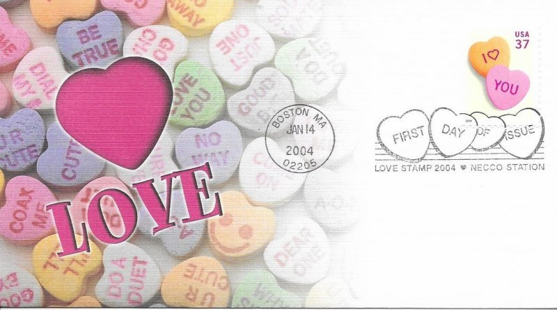 2004 FDC, #3833, 37c Candy Hearts, 2 diff. cachets