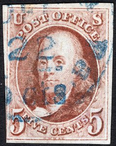 Scott 1, Blue Phila, Pa 5cts Town Cancel, Beautiful Stamp!