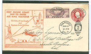 US C12/U430 1931 Cover carried aboard the first Pacific Coast Ship to Shore Airmail transfer between the SS City of Los Angeles