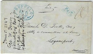 LETTER OF MAY 29th 1847 BUFFALO NY TO LOGANSPORT INDIANA FANCY PAID STAMP - Q24