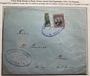 1913 Sorata Bolivia Cover To Paris France Via Panama Bisect Stamp