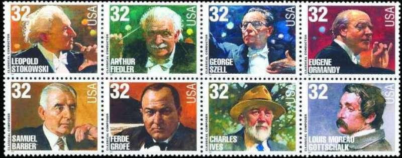 US Stamps - 1997 Composers & Conductors - 8 Stamp  Block #3158-65